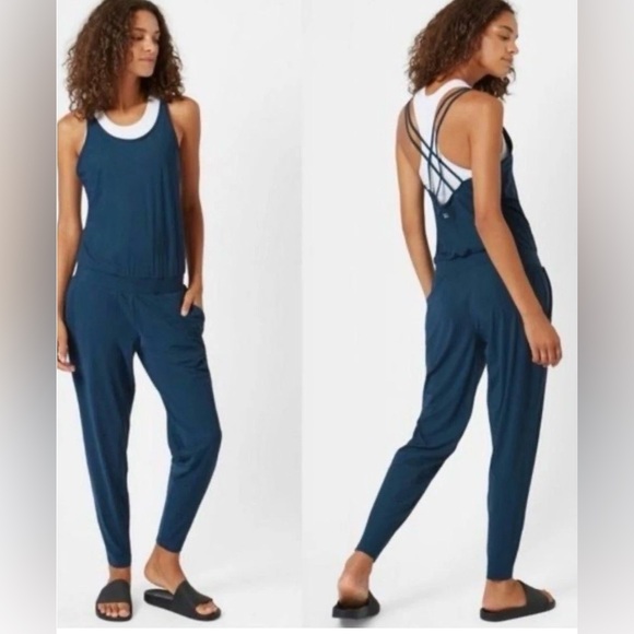Sweaty Betty Pants - Sweaty Betty Explorer Strappy Blue Jumpsuit Lightweight Travel Casual Womens Xl